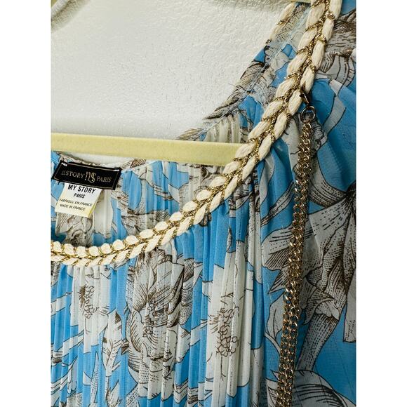 My Story Paris Cream & Blue Accordian Pleat 3/4 Sleeve Blouse S - Picture 10 of 16